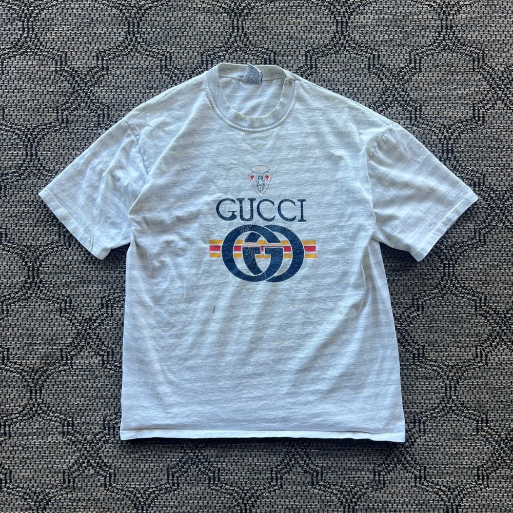 Vintage Gucci T-Shirt Mens Large Gray Striped 90s Bootleg Designer USA